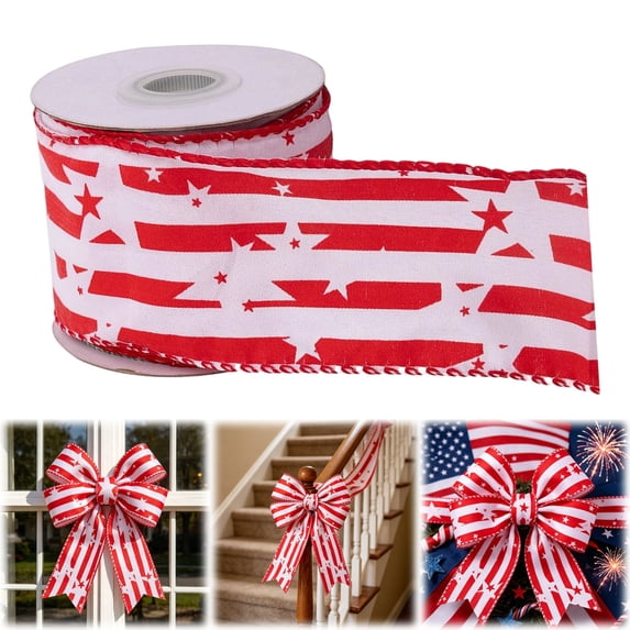 Patriotic Ribbon Wired, Red White Blue Star, Stripe & Plaid 4th of July Ribbon for Anniversary Decor, Independence Day & Memorial Day Crafts, Red