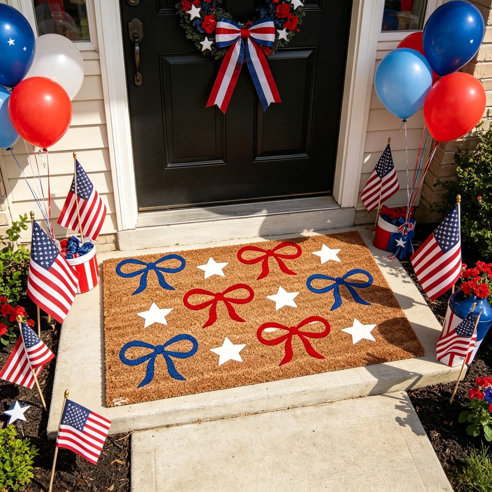 Patriotic Ribbons Doormat with Stars - 24" x 16" Red, White & Blue Coir Welcome Mat, 4th of July, Memorial Day, 250th Anniversary Decorations