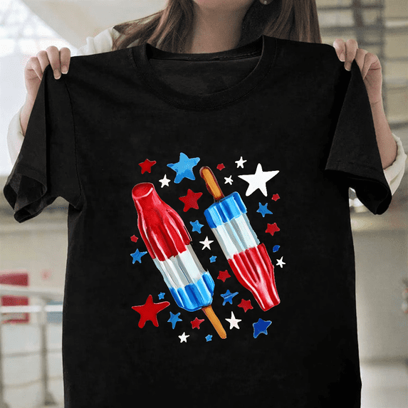 Patriotic Rocket Pop Stars Pattern 4th July Ice Cream Unisex T-Shirt, S ...