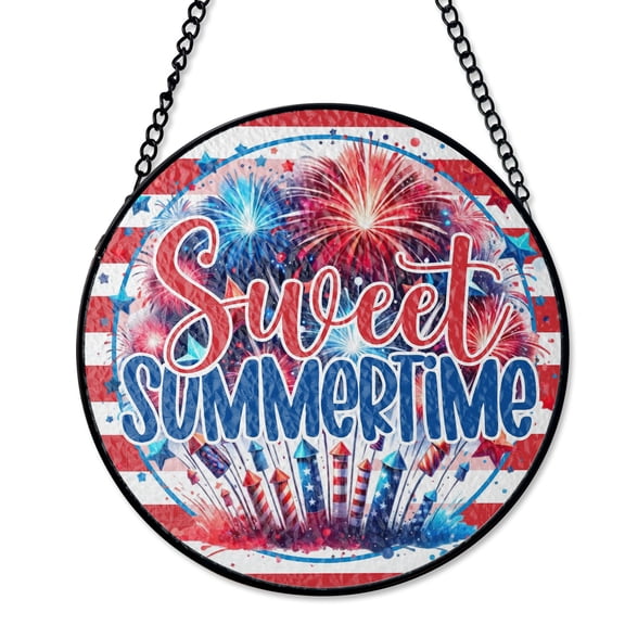 Patriotic Rockets Fireworks Suncatcher, Stained Glass Style UV Printed Glass, Sweet Summertime July 4th Decor, Round