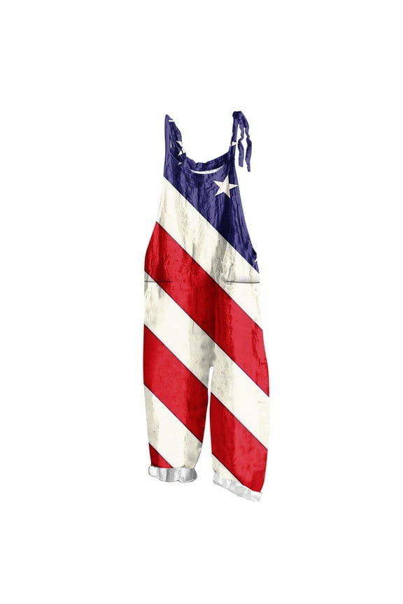 Patriotic Rompers for Womens Adjustable Strap Jumpsuits Loose Fit Onesie 4th of July Striped Overalls Long Leg Pant One-Piece Sleeveless Jumpsuit with Pockets Memorial Day Gift