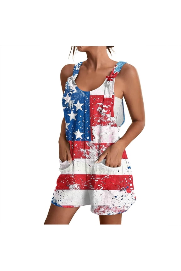 Patriotic Rompers for Womens American Flag Star Printed Jumpsuits U Neck Overalls Sleeveless Onesie Shorts Romper Loose Fit Jumpsuit Strap Adjustable One-Piece Outfits