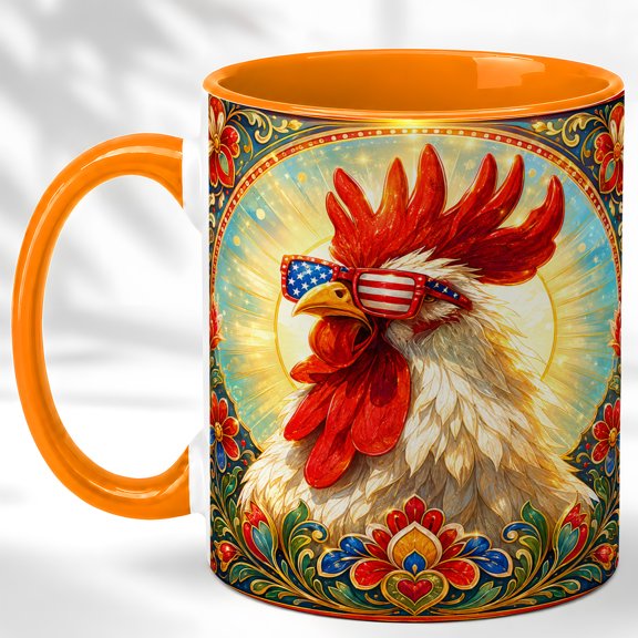 Patriotic Rooster Coffee Mug, Farm Animal Mug, Ceramic 11 oz