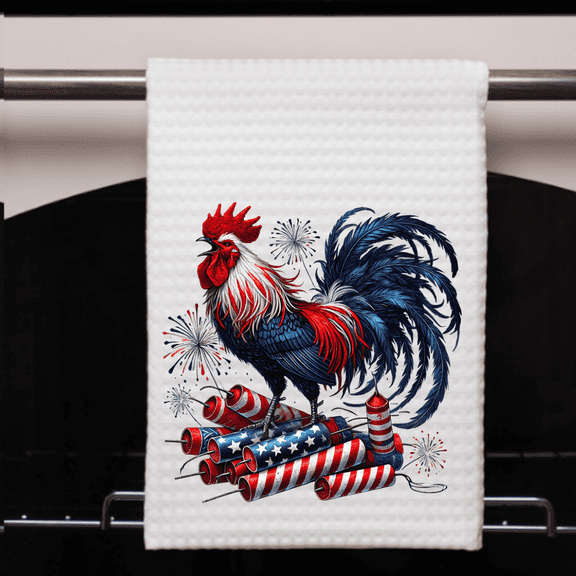 Patriotic Rooster Firecracker USA Waffle Weave Kitchen Hand Towel 16x24