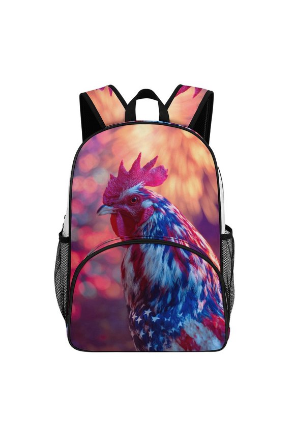 Patriotic Rooster Firework Background Big Student Laptop Backpack For College Women Middle High Teen Bookbag Travel Daypack