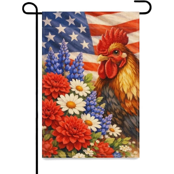 Patriotic Rooster Garden Flag 12x18 Inch,USA Flag Floral Animal Outdoor Yard Red White Blue Decor,Double Sided Seasonal Lawn Porch Farm Independence Day Holiday Gift