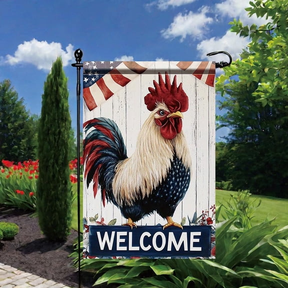 Patriotic Rooster Welcome Garden Flag 12x18 Inch Double Sided Outdoor Yard Banner Farmhouse Red White Blue Chicken Design for 4th of July Independence Day Decor