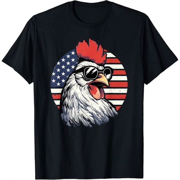 Patriotic Rooster in front of an An 4th of July T-Shirt.