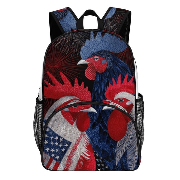 Patriotic Roosters Firework Backdrop Backpack Travel Laptop Casual College Daypack Back to Bag