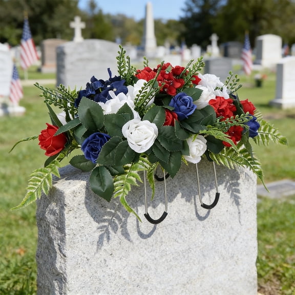 Patriotic Rose Hydrangea Cemetery Saddle, Artificial Flower Headstone Memorial with Handles, 4th of July Veterans Day Grave Decor
