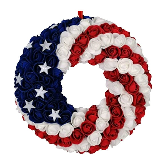 Patriotic Roses Wreath, 4th of July Summer Soft Touch Foam Roses Wreath for The Front Door, Handcrafted Memorial Day Artificial Flowers Wreath for Indoor and Outdoor