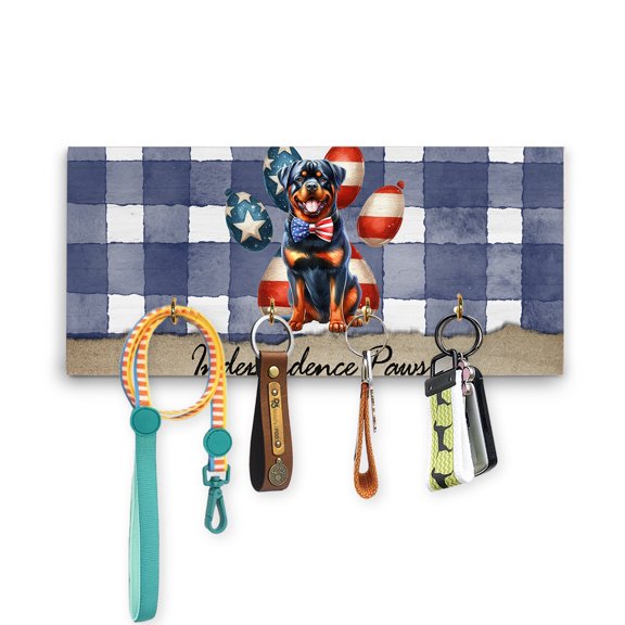 Patriotic Rottweiler 4th of July Independence Paws Wood Key Holder Rottie Dog Lover Gifts Idea Wall-mounted Key Rack Home Decor - 02010