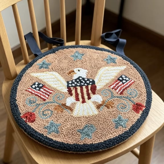 Patriotic Round Chair Cushion, Star And Stripe Flag Pattern Seat Pad With Ties For Dining Chairs And Patio Furniture