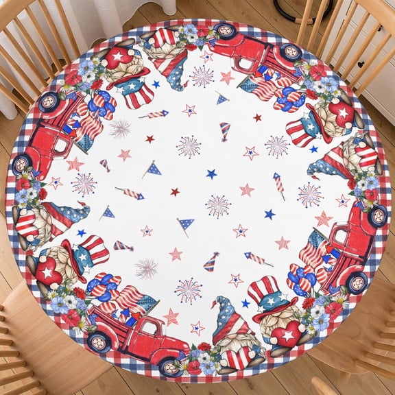 Patriotic Round Fitted Tablecloth with Elastic Edge 4th of July Gnome Truck American Flag Outdoor Table Cover for 36"-40" Summer Red Blue Buffalo Plaid Stretch Table Cloth for Dinner