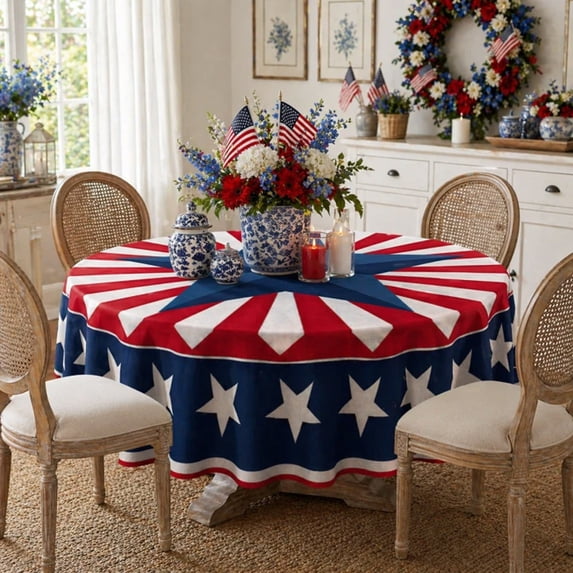 Patriotic Round Table Cloth, 4th of July Memorial Day Tablecloth, Independence Day American Flag Table Cover for Indoor Outdoor Party Picnic Dinner Decor,70"