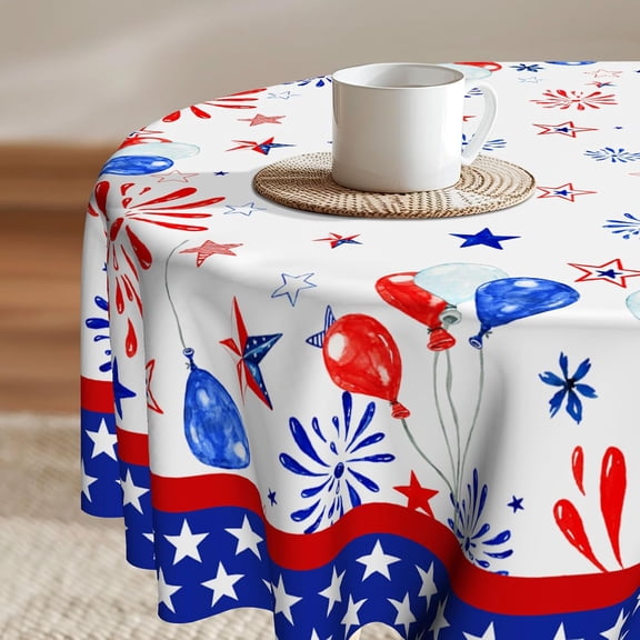 Patriotic Round Table Cloth 70 Inch American Stars Fireworks Decorative Washable Circular Table Cover 4th of July Table Cloth for Holiday Kitchen Dinning Party
