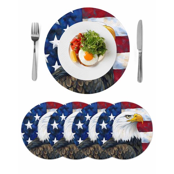 Patriotic Round Table Placemats set of 4, 4th of July American Flag Eagle Washable Woven Place Mats for Dining Tables Kitchen Party Decor,Heat Proof, 15in, Red Blue Brown