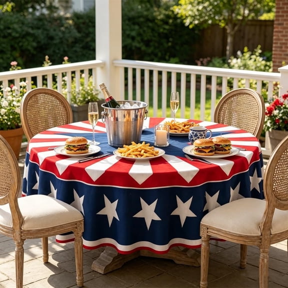 Patriotic Round Tablecloth, Red, White & Blue Starburst Design, 70" Round Fitted Cover For Memorial Day, Party Decor(RL)