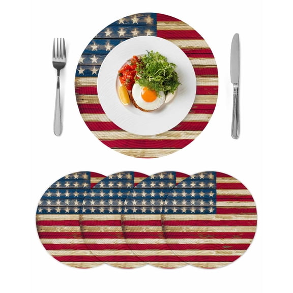 Patriotic Rustic American Flag Round Table Placemats set of 4, 4th of July Washable Woven Place Mats for Dining Tables Kitchen Party Decor,Heat Proof, 15in, Red Blue