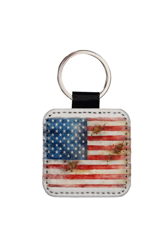 Patriotic Rustic Worn American Flag Watercolor Faux Leather Square Keychain
