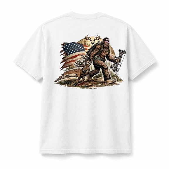 Patriotic Sasquatch Deer Hunting Graphic T-Shirt, Unisex Relaxed Fit, 100% Ring-Spun Cotton, 207 GSM
