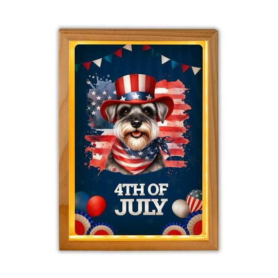 Patriotic Schnauzer Celebrates 4th of July Acrylic Plaque with Wood Photo Frame Box Miniature Schnauzer Dog Lover Light Box - 02009