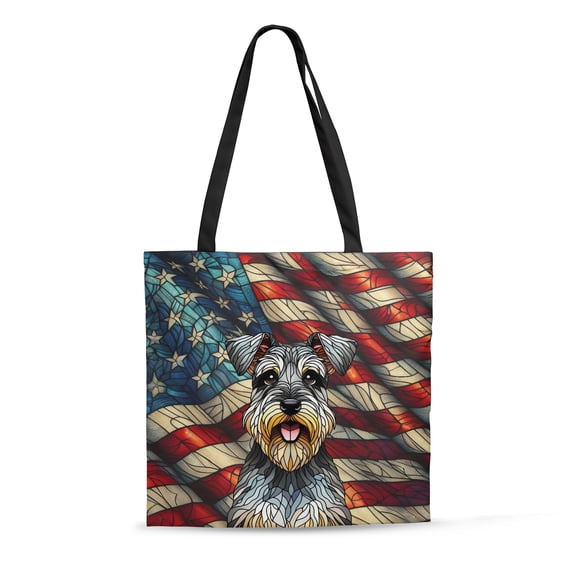 Patriotic Schnauzer Stained Glass Portrait American Flag All Over Print 3D Canvas Tote Bag Miniature Schnauzer Dog Lover Reusable Handbag - 01010