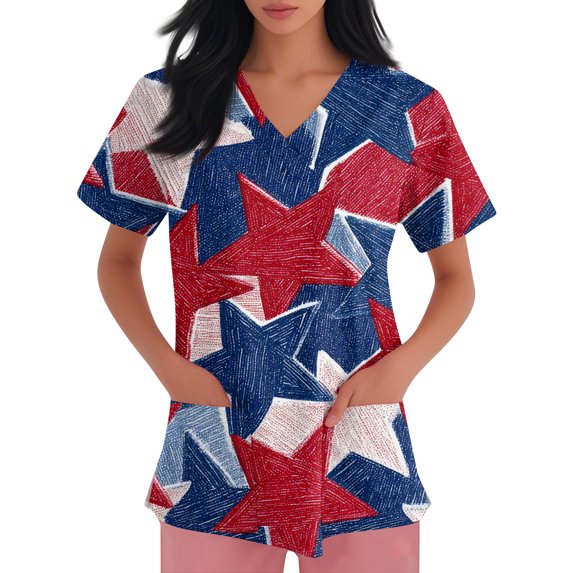Patriotic Scrub Tops for Women Short Sleeve V Neck Star and Stripes Print Shirts Workwear Uniforms US 250 Years Anniversary 2026 New Medical Plus Size Scrub T Shirts
