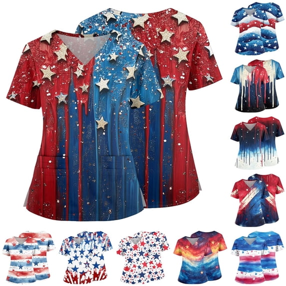 Patriotic Scrubs Top for Women - 4th of July V-Neck Nursing Uniform with Pockets, 250th Anniversary Star Spangled Print Short Sleeve Tunic Navy M