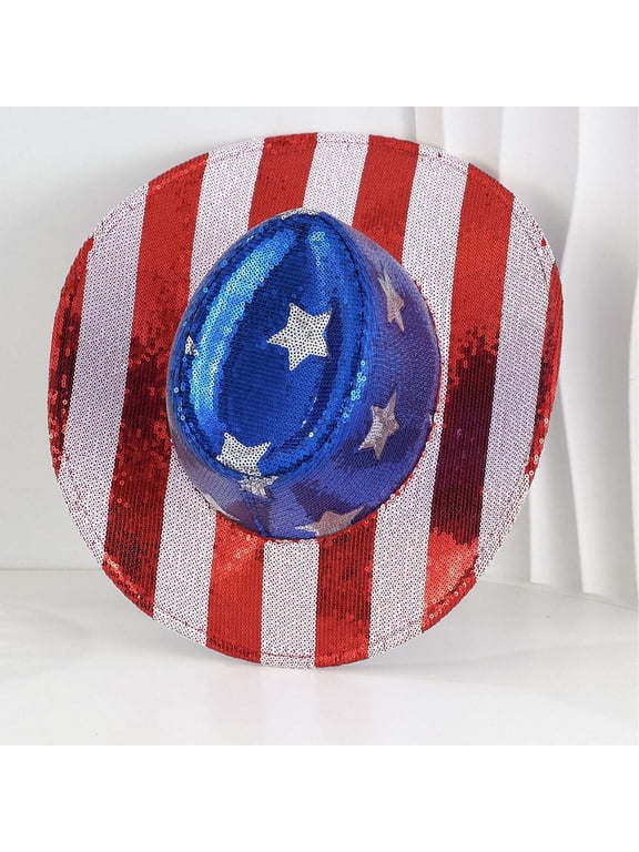 Patriotic Sequin Cowboy Hat, 4th of July Flag Star Hat with Red White Blue Striped Pattern, Unisex Western Hat for Rodeo Concerts and Themed Parties