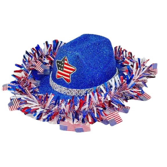 Patriotic Sequin Cowboy Hat with LED Lights - 4th of July Western Party Hat for Women, Red White and Blue Glitter Cowgirl Hat with Tinsel Trim & American Flag Star