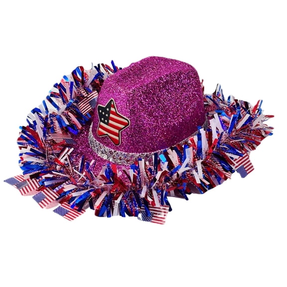 Patriotic Sequin Cowboy Hat with LED Lights - 4th of July Western Party Hat for Women, Red White and Blue Glitter Cowgirl Hat with Tinsel Trim & American Flag Star