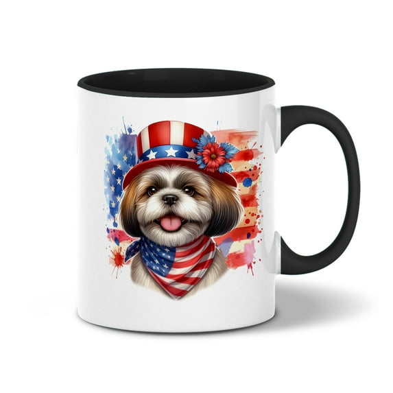 Patriotic Shih Tzu Celebrates 4th of July 11oz Accent Two-tone Mug Lion Dog Lover Gifts Coffee Tea Cup - 02009