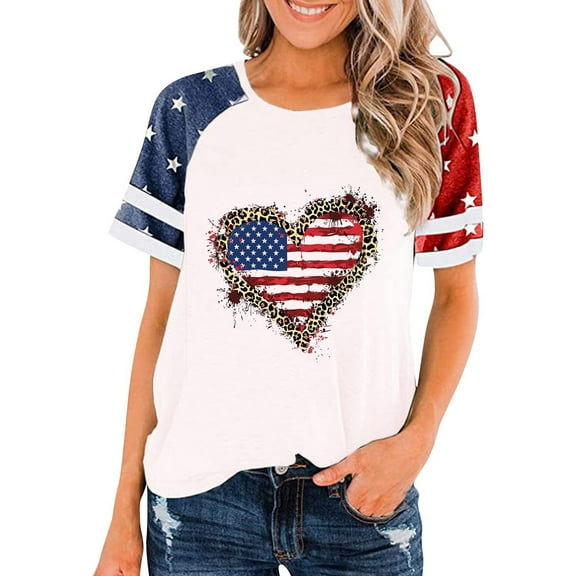 Patriotic Shirt 4th of July Blouse Women Fourth of July Womens Shirts Independence Day Tops Women's Crew-Neck Gradient Short-Sleeved Pleated Loose Shirts Blouse
