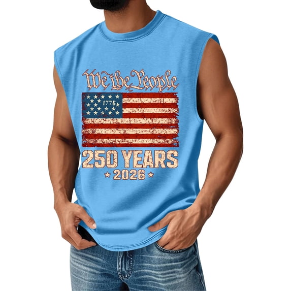 Patriotic Shirt Men 250 Anniversary Usa Independence Day Shirts Graphic Sleeveless 1776 - 2026 T Shirts Crew Neck Loose Usa Flag Tank Tops Light Blue 3XL