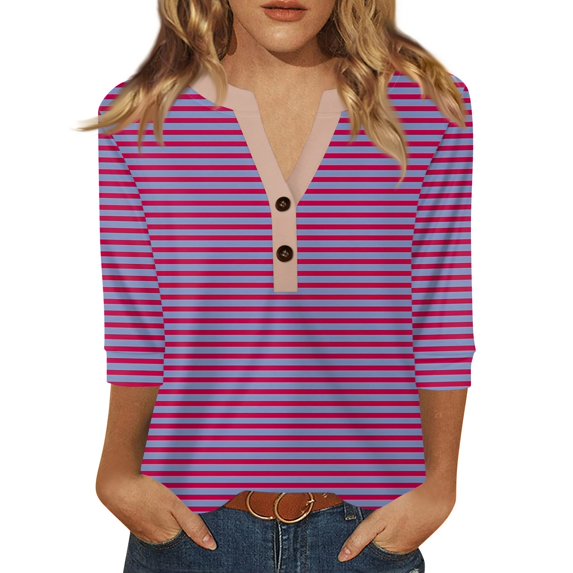 Patriotic Shirts for Women, Machine Wash Wrinkle-Resistant Travel Blouse 3/4 Sleeve Button Detail Polyester Top Beach Party Casual Chic Tops 2025 Vacation Outfit Women Purple M