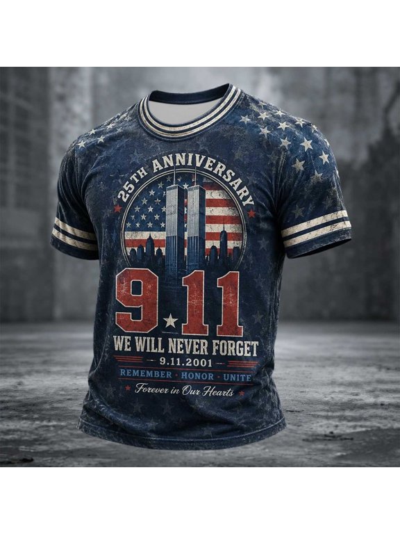 911 25th Anniversary Tshirt Hope Honor Courage Printed T Shirts for Man 9 11 Shirt Never Forget Crewneck Tshirt Faith Vintage Hope (Blue,XXXXXL)