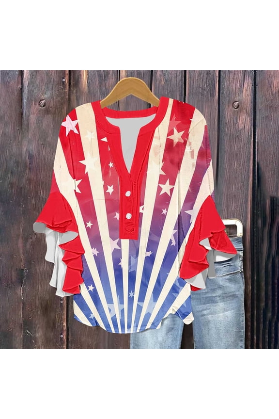 Patriotic Shirts for Women Red White and Blue Womens Blouse Womens Memorial Day Shirt Red White and Blue Tops Ladies New Lace 3/4 Sleeve V-Neck Button Independence Day Printed Tops