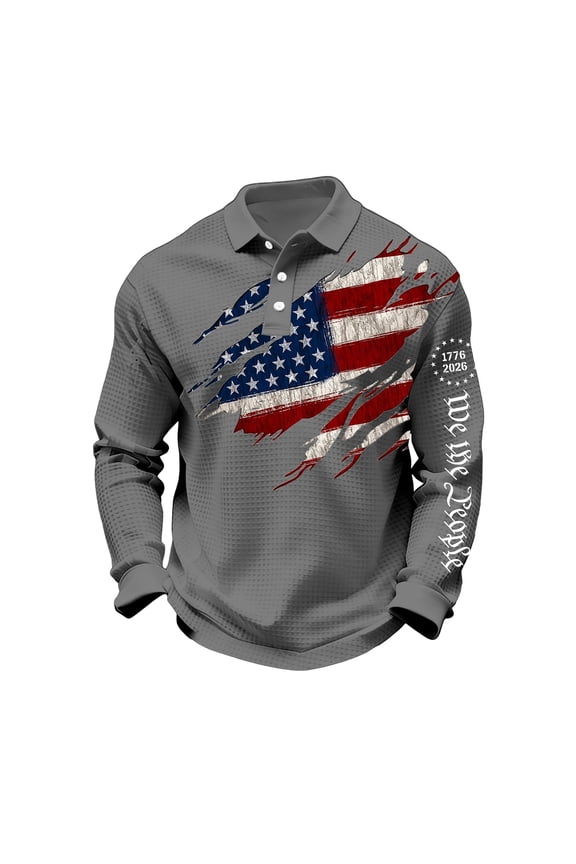 Patriotic Shirts for Men 250 Anniversary USA Waffle Polo Golf Shirt Business Casual American Flag Button Long Sleeve Tops Patriotic Tee