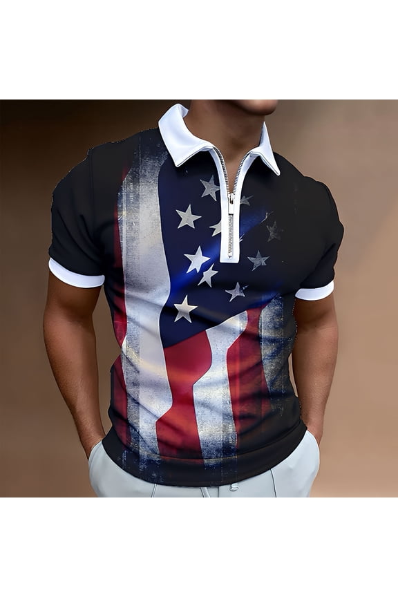 Patriotic Shirts for Men Casual American Flag Zip Up Golf Polo Shirt July 4th Independence Day Clothes
