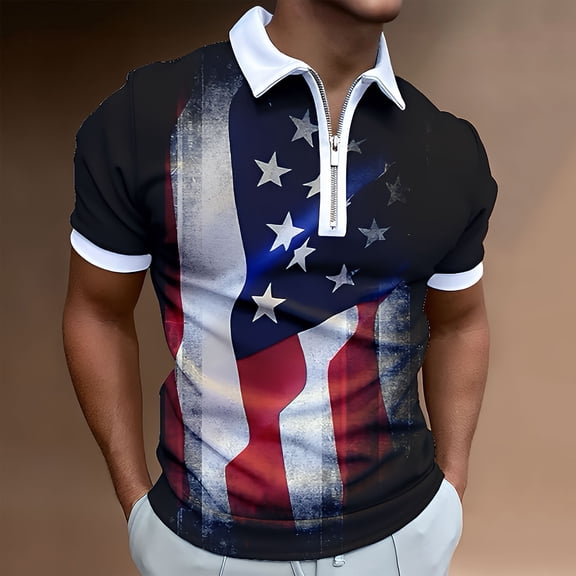 Patriotic Shirts for Men Casual American Flag Zip Up Golf Polo Shirt July 4th Independence Day Clothes
