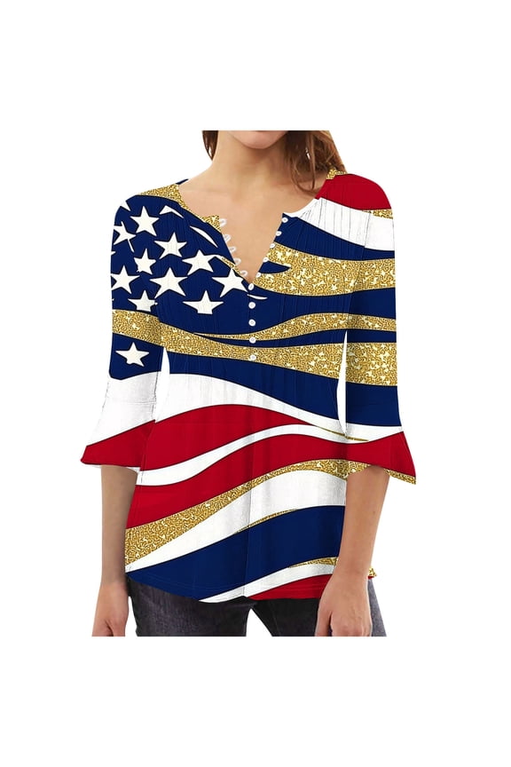 Patriotic Shirts for Women 3/4 Flare Sleeve Tops Star and Stripes Shirt Loose Fit Tunic Tops Womens V Neck Button Up Blouse