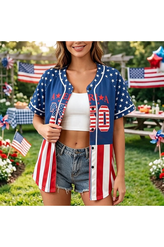Patriotic Shirts for Women American Flag Printed V Neck Button Up Short Sleeve Baseball Jersey Independence Day Tops