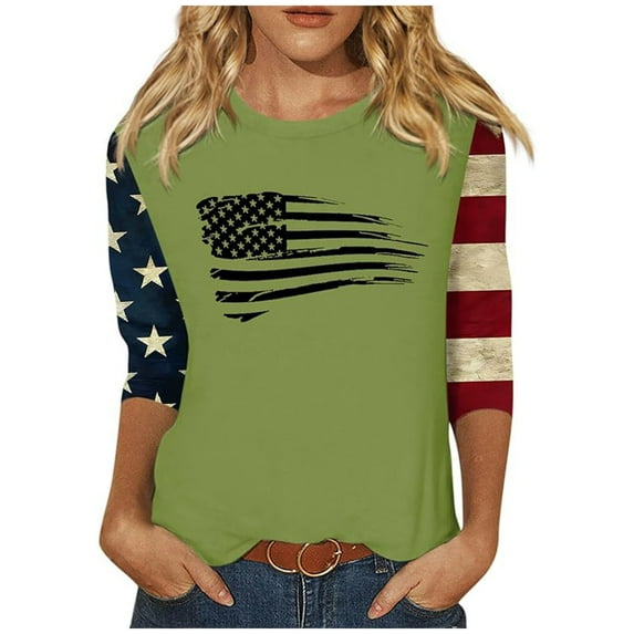 Patriotic Shirts for Women American Flag Shirt Star Stripes 3/4 Sleeve American Flag Shirt Going Out Tops