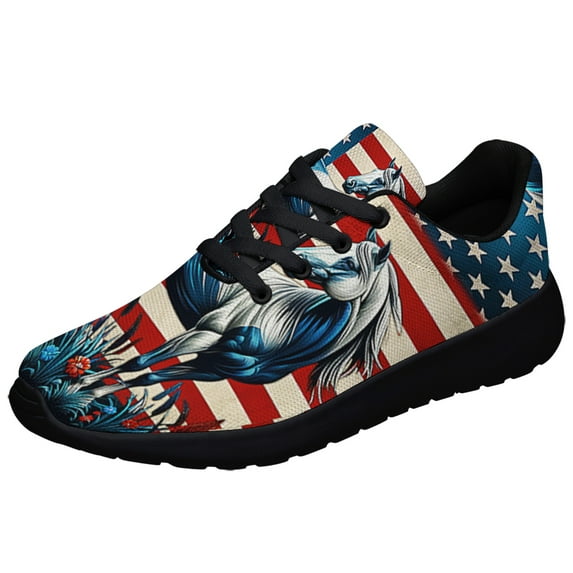 Patriotic Shoes Horse American flag Print Sneakers Lightweight Comfortable Running Shoes for Men Women Black Size 7