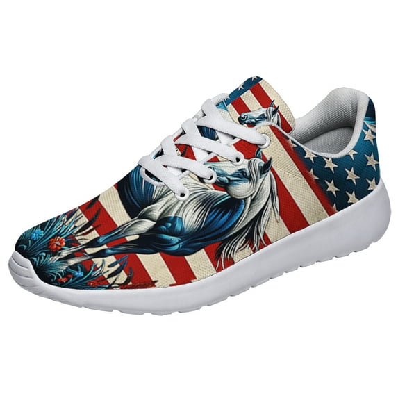 Patriotic Shoes Horse American flag Print Sneakers Lightweight Comfortable Running Shoes for Men Women White Size 13