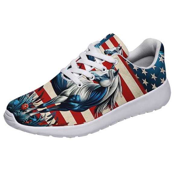 Patriotic Shoes Horse American flag Print Sneakers Lightweight Comfortable Running Shoes for Men Women White Size 8