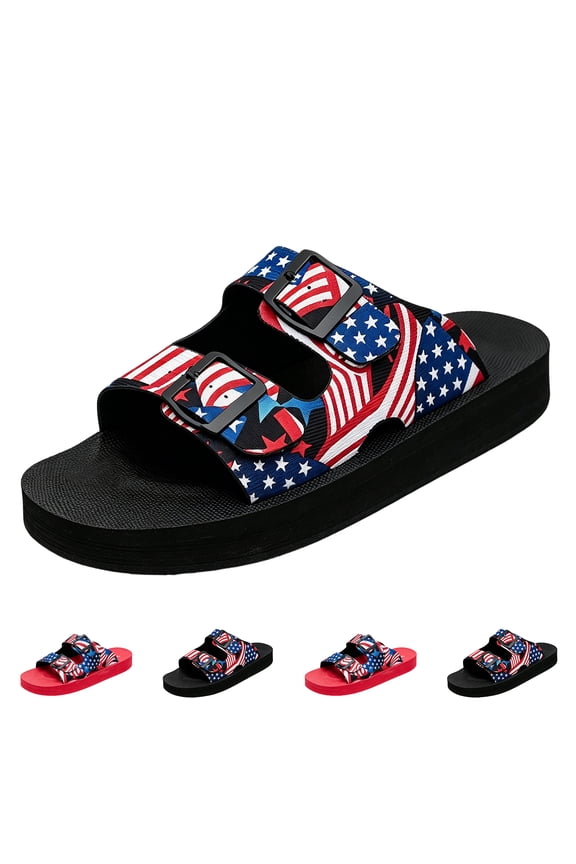 Patriotic Shoes for Women Independence Day American Flag Slide Sandals 4th of July Stripes and Stars Print Double Buckle Adjustable Straps Lightweight Foam Sole Beach Sandals, 39