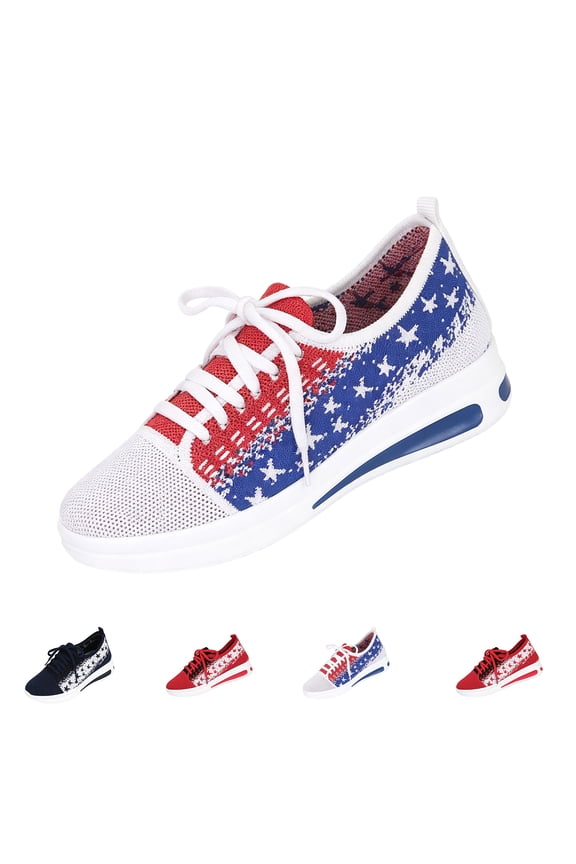 Patriotic Shoes for Women Knit American Flag Lace Up Sneakers Red White and Blue 4th of July Stars Sneaker Shoes Independence Day Comfortable Casual Low Walking Shoes, 39