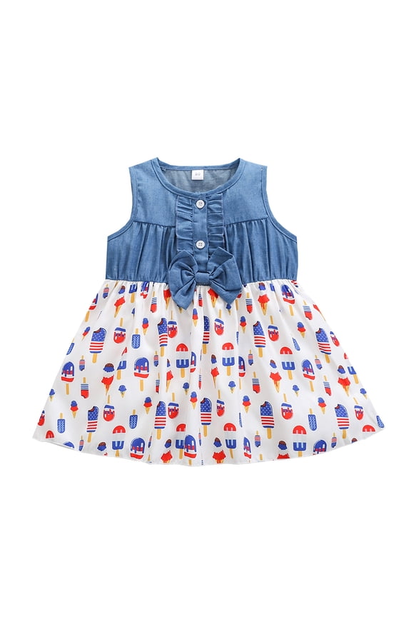Patriotic Short Dress for Toddler Girls Star Print Denim Sleeveless Ruffle 4th of July Dresses Baby Summer Pleated Skirts
